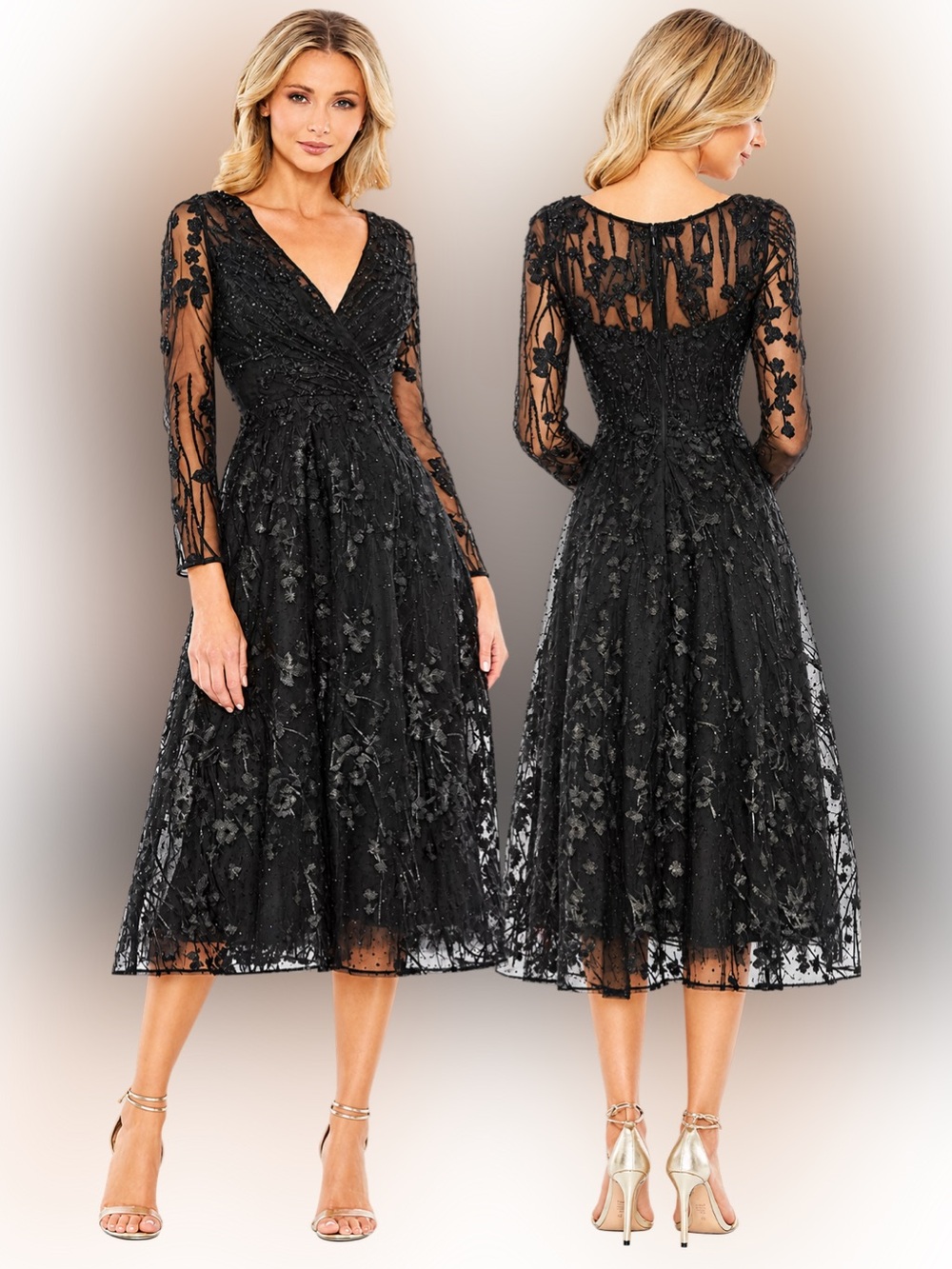 Mac Duggal Elegant Black Embroidered V-Neck Midi Dress